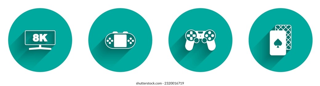 Set Computer monitor, Portable video game console, Game controller joystick and Playing cards icon with long shadow. Vector