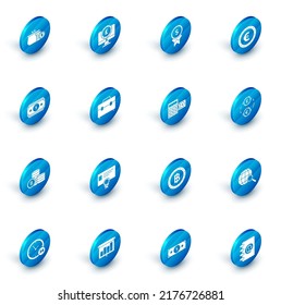 Set Computer monitor with pound sterling symbol, Reward for good work, Coin money euro, Stacks paper cash, Cryptocurrency coin Bitcoin, Briefcase, Money exchange and Calculator dollar icon. Vector