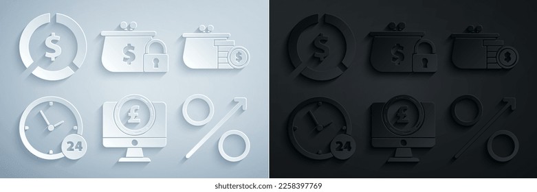 Set Computer monitor with pound sterling symbol, Wallet coins, Clock 24 hours, Percent up arrow, Closed wallet and Coin money dollar icon. Vector
