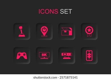 Set Computer monitor, Power button, Gear shifter, Web camera, Game rating with medal, Mobile gaming, Chest for game and controller joystick icon. Vector