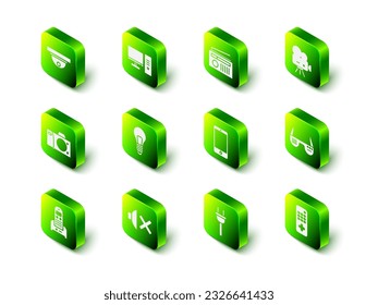 Set Computer monitor, Radio with antenna, Retro cinema camera, Smart glasses, Remote control, Smartphone, mobile phone, Electric plug and Speaker mute icon. Vector
