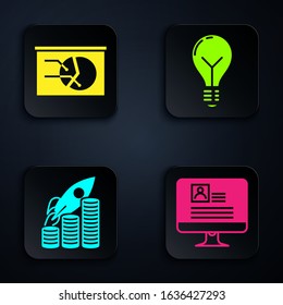 Set Computer monitor with resume, Board with graph chart, Rocket flying up on coins growth chart and Light bulb with concept of idea. Black square button. Vector