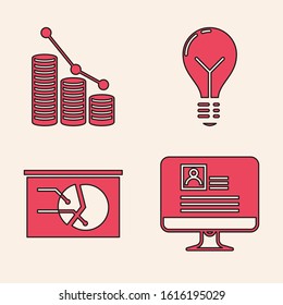 Set Computer monitor with resume, Pie chart infographic and coin, Light bulb with concept of idea and Board with graph chart icon. Vector