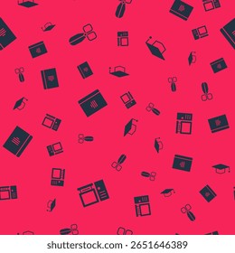Set Computer monitor, Scissors, Spiral notebook and Graduation cap on seamless pattern. Vector
