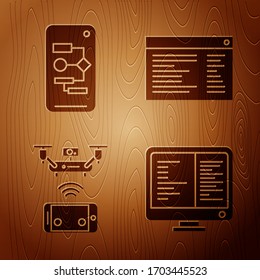 Ajusta la pantalla del monitor de ordenador, Algoritmo, dron aéreo remoto y Software, código de programación del desarrollador web en fondo de madera. Vector