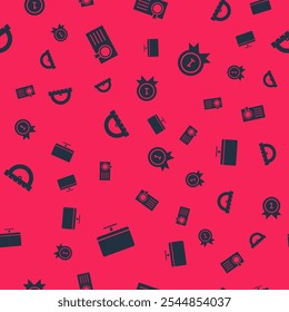 Set Computer monitor screen, Certificate template, Protractor and Medal on seamless pattern. Vector