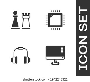 Set Computer monitor screen, Chess, Headphones and Processor with CPU icon. Vector
