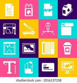 Set Computer Monitor Screen, Coffee Cup Go, Roll Paper, Torn Document, Paper Cutter, Plotter, Document With Graph Chart And Fountain Pen Nib Icon. Vector