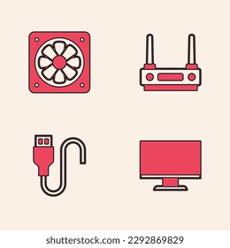 Set Computer monitor screen, cooler, Router and wi-fi signal and USB cable cord icon. Vector
