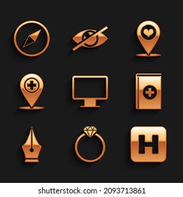 Set Computer monitor screen, Diamond engagement ring, Hospital, Medical book, Fountain pen nib and location with cross icon. Vector