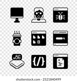 Set Computer monitor screen, Hacker coder, System bug, Processor with microcircuits CPU, Programming language syntax, Software, Coffee cup go and Browser files icon. Vector
