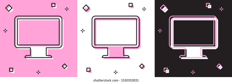 Set Computer monitor screen icon isolated on pink and white, black background. Electronic device. Front view.  Vector Illustration