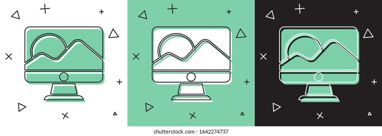 Set Computer monitor screen icon isolated on white and green, black background. Electronic device. Front view.  Vector Illustration