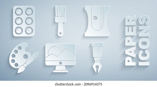 Ajuste la pantalla del monitor de PC, el afilador de lápiz, el pincel de pintura con paleta, el nib de fuente y el icono de la caja de pinturas de acuarela. Vector