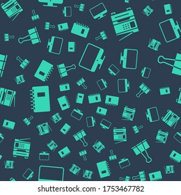 Set Computer monitor screen, Printer, Spiral notebook and Binder clip on seamless pattern. Vector