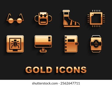 Set Computer monitor screen, Processor with CPU, Energy drink, Spiral notebook, Insects frame, Slippers socks, Eyeglasses and School backpack icon. Vector