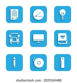 Set Computer monitor screen, Ringing alarm bell, Ruler, Book, Pencil with eraser, School Bus, Light bulb concept of idea and Exam sheet A plus grade icon. Vector