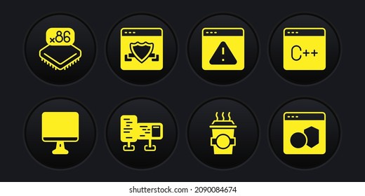 Set Computer monitor screen, Software, Coffee cup go, Browser with exclamation mark, shield,  and Processor microcircuits CPU icon. Vector