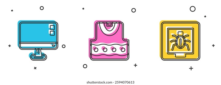 Set Computer monitor screen, Waistcoat and Insects in frame icon. Vector