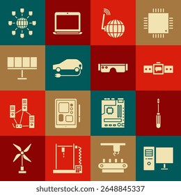 Set Computer monitor, Screwdriver, Smartwatch, Social network, Electric car, Solar energy panel,  and glasses icon. Vector