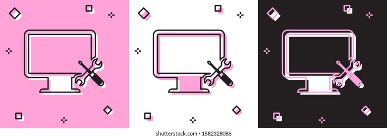 Set Computer monitor with screwdriver and wrench icon isolated on pink and white, black background. Adjusting, service, setting, maintenance, repair, fixing.  Vector Illustration