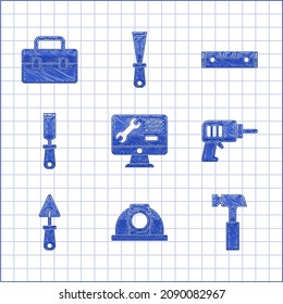 Set Computer monitor service, Worker safety helmet, Hammer, Electric drill machine, Trowel, Rasp metal file, Construction bubble level and Toolbox icon. Vector