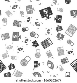 Set Computer monitor and shield , Eye scan , Password protection and safety access  and Safe combination lock wheel  on seamless pattern. Vector