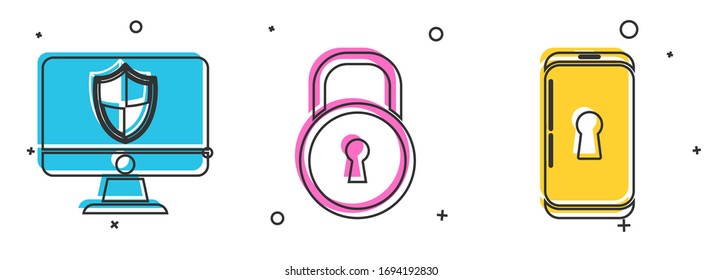 Set Computer monitor and shield , Lock  and Smartphone with lock  icon. Vector