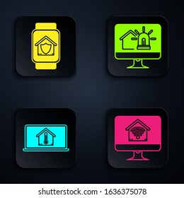 Set Computer monitor with smart home with wi-fi, Smart watch with house under protection, Laptop with house temperature and Computer monitor with smart house and alarm. Black square button. Vector