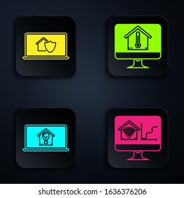 Set Computer monitor with smart home with wi-fi, Laptop with house under protection, Laptop with smart house and light bulb and Computer monitor with house temperature. Black square button. Vector