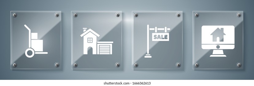 Set Computer monitor with smart home, Hanging sign with text Sale, House and Hand truck and boxes. Square glass panels. Vector