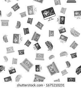 Set Computer monitor with smart home with wi-fi, Laptop with smart house and alarm, Smart home with wi-fi and Laptop with house under protection on seamless pattern. Vector