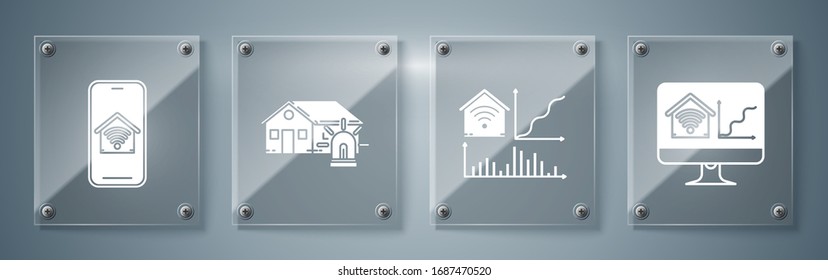 Set Computer monitor with smart home with wi-fi, Smart home with wi-fi, Smart house and alarm and Mobile phone with smart home with wi-fi. Square glass panels. Vector