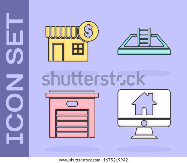 Set Computer\
monitor with smart home, House with dollar symbol, Garage and\
Swimming pool with ladder icon.\
Vector