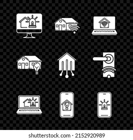 Set Computer monitor with smart house and alarm, Smart home wi-fi, Laptop, Mobile phone light bulb,  and  icon. Vector