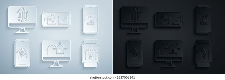 Set Computer monitor with smart house and alarm, Mobile phone, home wi-fi, Smart watch light bulb,  and  icon. Vector
