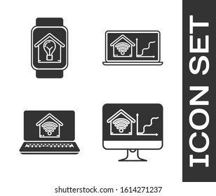 Set Computer monitor, Smart watch with smart house and light bulb, Laptop with smart home with wi-fi and Laptop with smart home with wi-fi icon. Vector