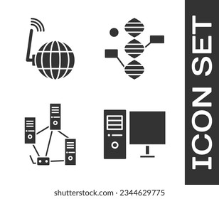 Set Computer monitor, Social network, Computer network and DNA symbol icon. Vector
