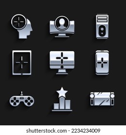 Set Computer monitor, Star, Portable video game console, Smartphone and playing in, Gamepad, Tablet,  and Head hunting concept icon. Vector