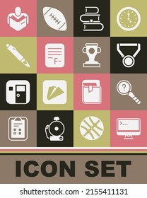 Set Computer monitor, Unknown search, Medal, Book, Exam paper with incorrect answers, Marker pen, Man reading book and Award cup icon. Vector