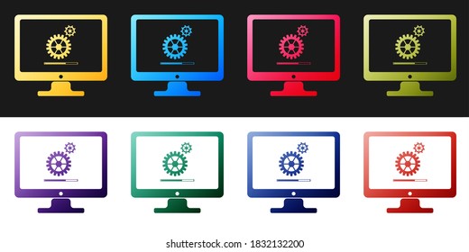 Set Computer monitor update process with gear progress and loading bar icon isolated on black and white background. Adjusting, setting, maintenance, repair. Vector.