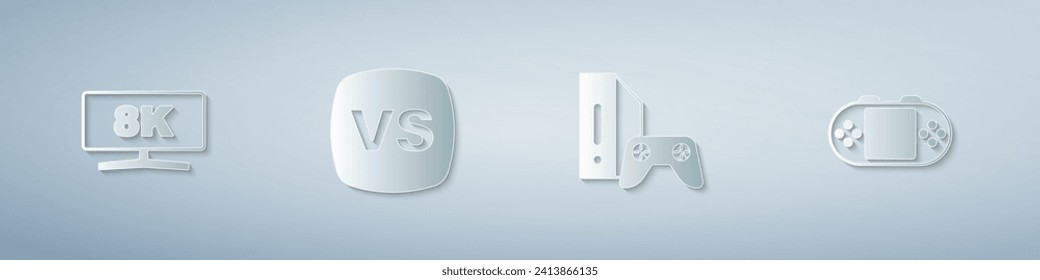 Set Computer monitor, VS Versus battle, Game console with joystick and Portable video game. Paper art style. Vector