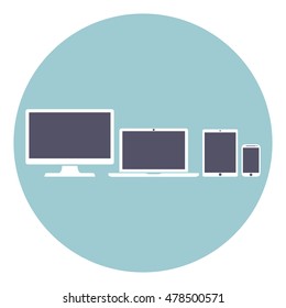 Set of computer monitors, display laptop, tablet and mobile phones electronic device icons flat style isolated background, vector illustration