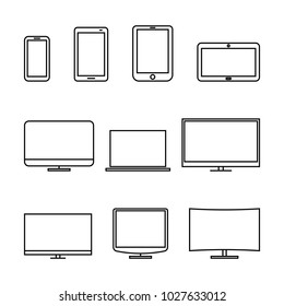 Set of computer monitors, laptop, e-book, tablets and mobile phones from thin lines. Electronic gadgets isolated on white background, vector illustration.