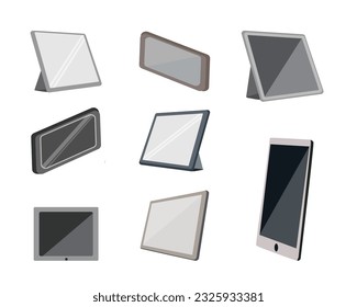 Set Computer Monitors Laptop Tablet And Phone Vector Illustration Design Collection. Hands Holding Tablet And Computer. Modern Tablet Computer And Mobile Devices I pad Set Isolated On White Background