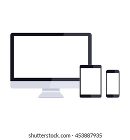 Set of computer monitors, laptops and mobile phones. Electronic gadgets. Isolated on white background. Simple, flat style. Graphic vector illustration.