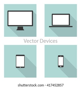 Set of computer monitors, laptops, tablets and mobile phones. Electronic gadgets, isolated  background