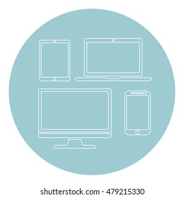 Set of computer monitors, laptops, tablets and mobile phones. Electronic gadgets, isolated background