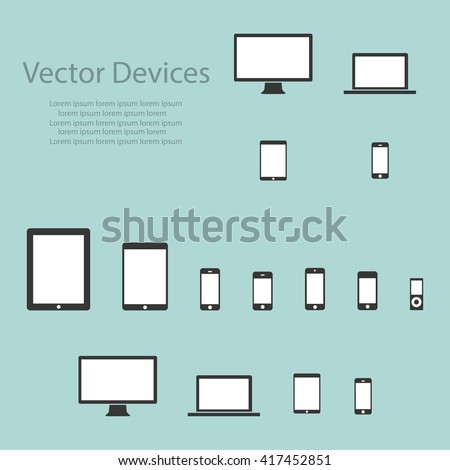 Set of computer monitors, laptops, tablets and mobile phones. Electronic gadgets, isolated background