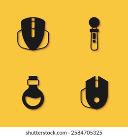 Set Computer mouse, Bottle with magic elixir and VR controller game icon with long shadow. Vector